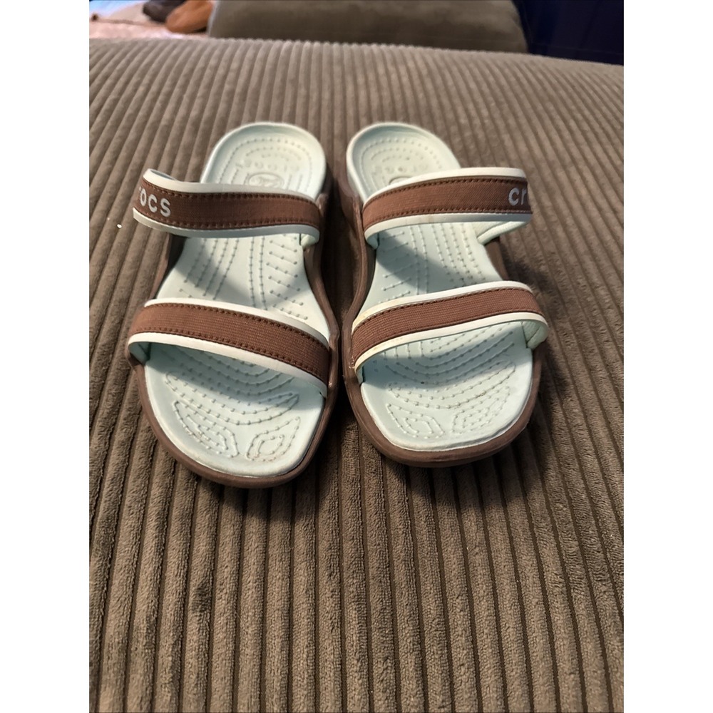 Crocs Womens Reviva Sz 10 Turquoise Brown Two Strap Open Toe Slip Ons Sandals
